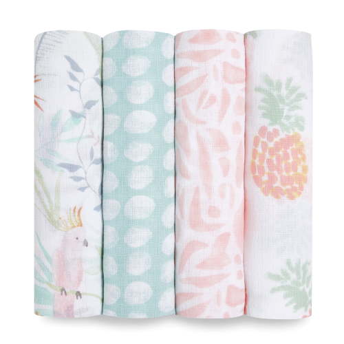 aden + anais Essentials, Cotton Muslin Swaddle Blanket, Tropicalia, Girls, Infants, 4-Pack