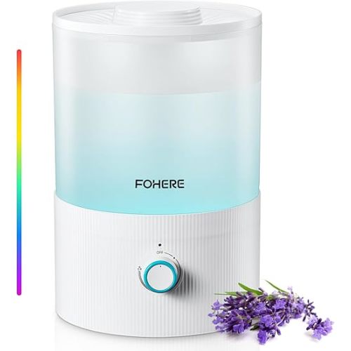 FOHERE Humidifier for Bedroom Baby, 3.2L Top Fill Cool Mist Humidifiers for Nursery, Home, 28H Ultra Quiet Runtime, Auto Shut-Off, Soft 7-Color Night Light, BPA-Free, Essential Oil Tray, White