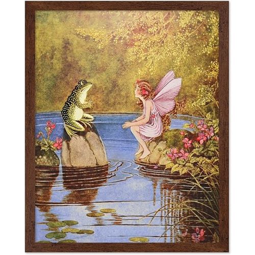 Poster Master The Little Green Road To Fairyland Poster - Frog & Fairy Print - Fairy Design - Lake Art - Children's Book Illustration - Great Nursery or Kid's Room Decor - 8x10 Brown Framed