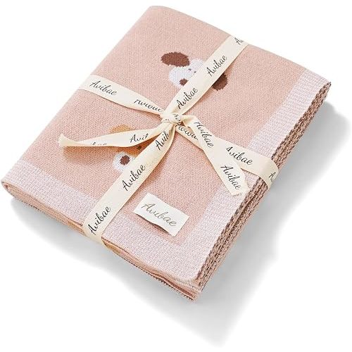 Avibae Cable Knit Baby Blanket, Soft Cotton, 40x30 Inches, Newborn Receiving Blanket for Crib Stroller, Lovely Puppy Pattern (Light Pink, Baby)