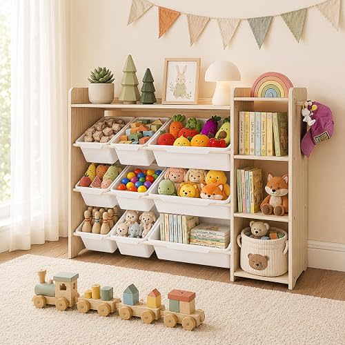 GITAWUSA Kids Bookshelf & Toy Organizer, 3-Tier Shelf/9 Bins, Natural, Pine | 3-in-1 Toddler Bookcase, Toy Shelf Storage Unit, Toy Organization for Playroom Storage, Nursery, Bedroom, Classroom, Ages 2+