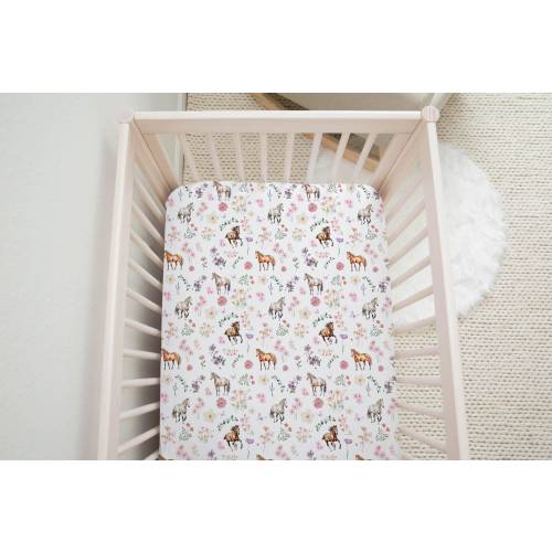 Horses Crib Sheet Horse and Flowers Swaddle Blanket With Name Horses Baby Swaddle Blanket Wildflower Baby Shower Gift Floral Horse Nursery