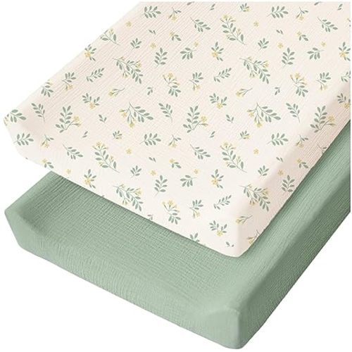 Konssy Muslin Changing Pad Cover for Baby Girls Boys, 100% Cotton Fitted Diaper Chang Table Covers, Soft Breathable Changing Pad Sheets, 2 Pack (Floral,Pink)