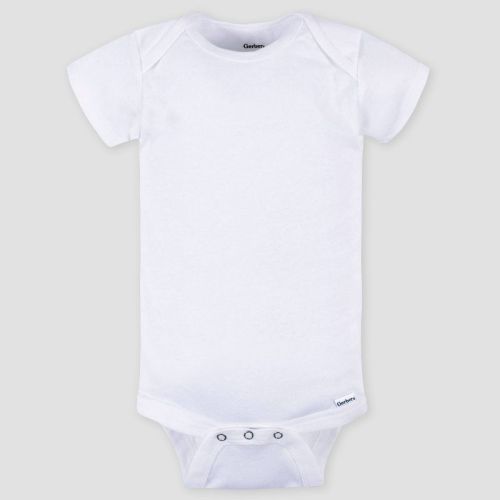 Gerber Baby 4pk Short Sleeve Onesies Bodysuit - White 0-3M: Cotton Bodysuits, Crotch Snap, Machine Wash, Tumble Dry, Ribbed Fabric