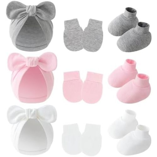 3piece Newborn Hats Mittens Socks Set Baby Boy Cotton Beanies Infant Hospital Hat Toddler Girl Mitten