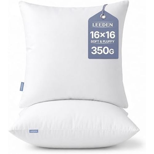 16x16 Pillow Inserts Pack of 2, 16 Inch Decorative Throw Pillow Inserts, Soft Fluffy Square Throw Pillows for Couch, Sofa, Bed, and Home Decor White Cushion