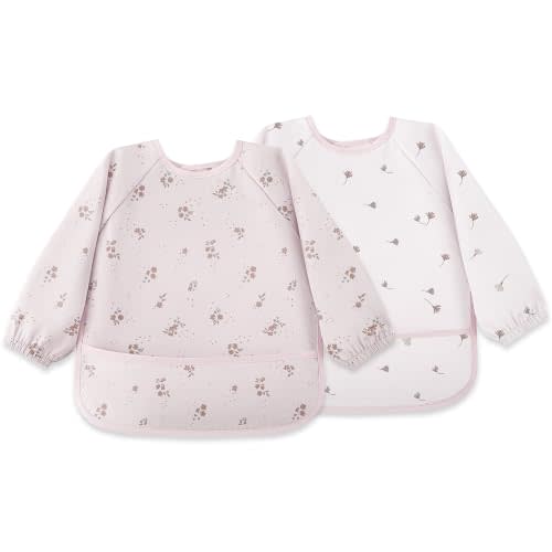 Susurration Baby Long Sleeve Bib Waterproof Sleeved Bib Smock for Baby | 2 Pack Baby Reusable Feeding bibs, 6-36 Months Baby Feeding Essentials - Pink Flower