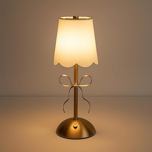 Vikye Bow Table Lamp, Cordless Rechargeable Bedside Lamp with Fabric Shade, Dimmable Touch Control for Bedroom Decor