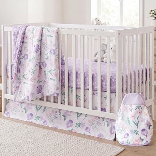 Hahafelt 4 Pieces Crib Bedding Set for Girls and Boys, Purple Floral