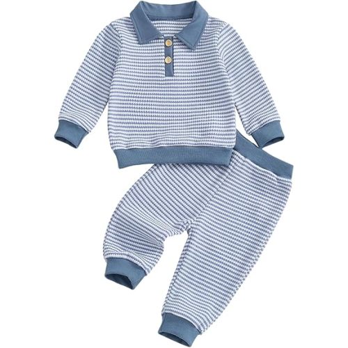 VISGOGO Baby Boy Clothes Toddler Fall Winter Outfit Sweater Toddler Boy Striped Clothes 6 12 18 Months 2 3T 4T Pant Set