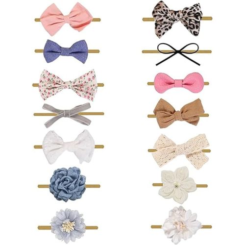 14 PCS Baby Girl Bows and Headbands, Stretchy Nylon Hairbands Hair Bows for Newborns, Infants, Toddlers - Handmade Baby Hair Accessories for Girls (White Flower, mid)