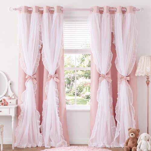 PONY DANCE Pink Blackout Curtains for Nursery/Girls Bedroom, 2 Panels | Double Layer Bow Curtains with Ruffle Sheer Overlay, Cute Shabby Chic Kids Toddler Room Decor Drapes Coquette Style,W52 x L84