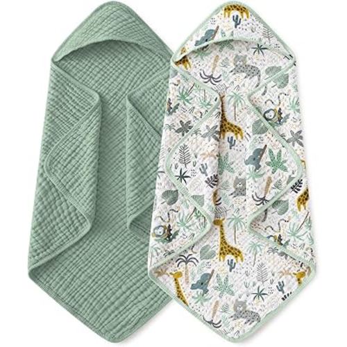 Yoofoss Hooded Baby Bath Towels 2 Pack 100% Muslin Organic Cotton with Hood | for Newborn, Babies, Infant, Toddler and Kids, 32x32 Inch, Soft and Absorbent, Baby Essential, Green Giraffe