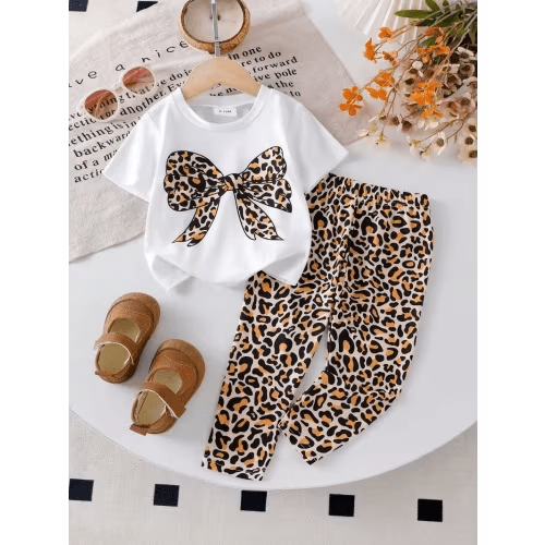 girls casual fashion leopard print bow short sleeve top - Temu Canada