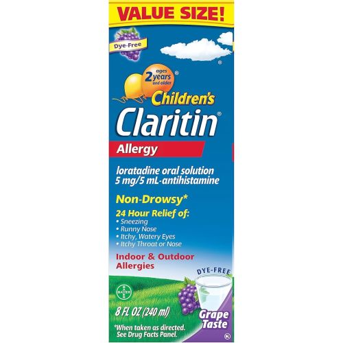 Claritin Children's Allergy Medicine, 24-Hour Non-Drowsy Loratadine 5mg, Antihistamine Liquid for Kids Aged 2 Years and Older, Grape Flavored, Dye-free, 8 fl oz.