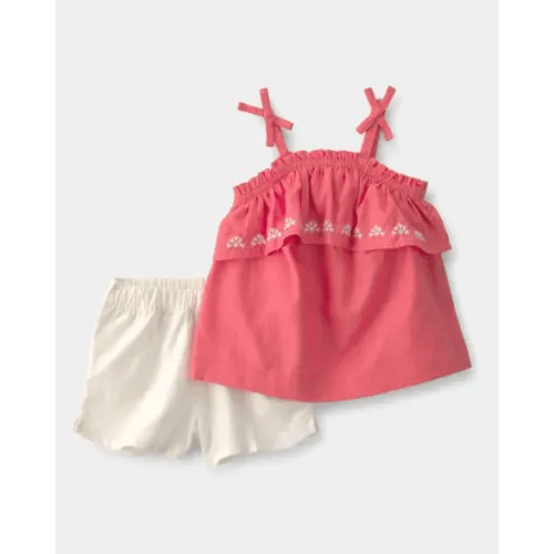 Baby Girl 2-Piece Linen Sleeveless Top & Short Set - Coral/Ivory | Carter's