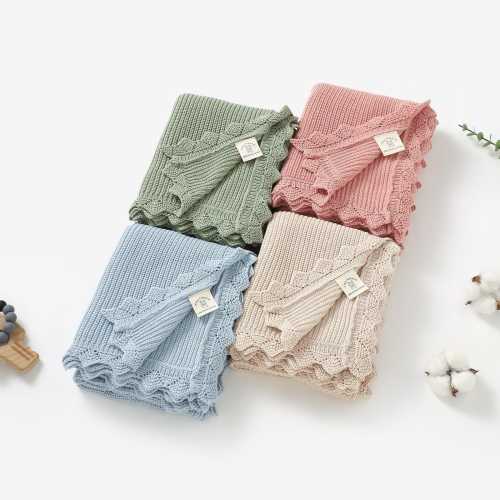 Tiny Alpaca | 100% Organic Cotton Lace Knitted Swaddle Blanket | Knitted Crochet Plain Baby Blanket | 70x90cm | Baby Shower Gift