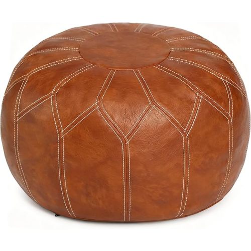 Thgonwid Unstuffed Moroccan Faux Leather Pouf Ottoman with Storage - Handmade Boho Chic Multi-Use Footrest for Living Room, Bedroom, Patio - Round Ethnic Floor Cushion & Decorative Accent, Khaki