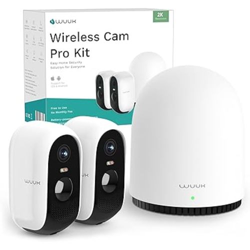 WUUK 2K Security Camera Wireless Outdoor System, 2-Cams Kit, Homebase Support Up to 8 Cams, 32GB Storage, No Monthly Fee, Camera Surveillance with 240 Days Battery Life, Compatible with Alexa & Google