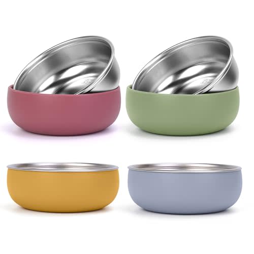 ShineMe Stainless Steel Bowls for Kids, 4 pack Toddler Bowls with Removable Colorful Silicone Sleeve, Unbreakable Baby Bowls for Soup, Cereal, Yogurt, Snacks...
