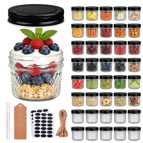 4 oz Glass Jars With Lids (Black), 40 Pack Small Clear Mason Jars and Diamond appearance, Small Spice Canning Jars for Spice, Honey, Jam, Caviar, Candle Making, Wedding Favors & Kitchen Storage