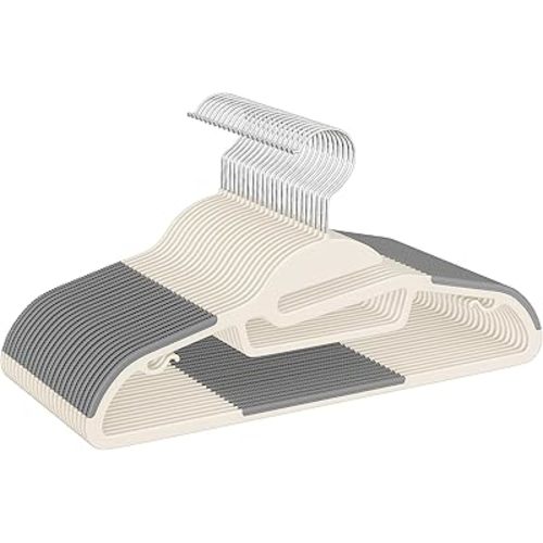 BAGAIL Plastic Hangers 50 Pack with Non-Slip Design,0.2 Inches Thick, 360°Swivel Hook Space Saving Organizer for Bedroom Closet,Shirts,Pants(Beige- S Shaped)