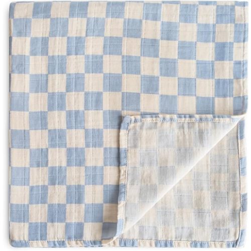 mushie Muslin Baby Swaddle Blanket | 100% Organic Cotton (Blue Check)