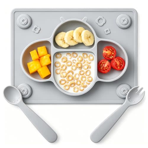 ROCCED Suction Plates for Baby Placemat Spoon Fork Set for Toddlers, Silicone Baby Plates with Suction Baby Dishes for Kids Plates-grey