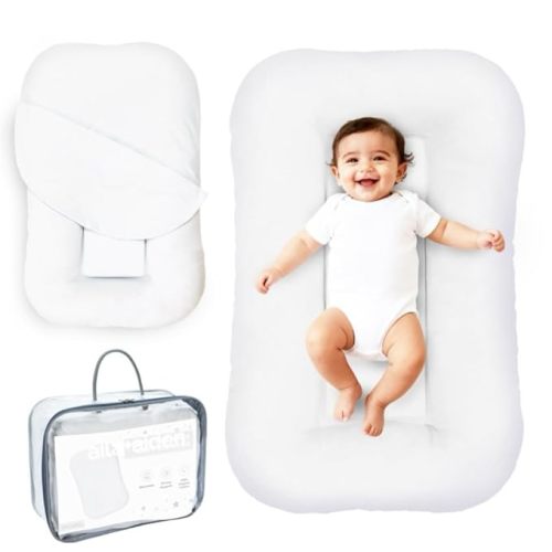 Aila + Aiden Baby Lounger | Organic Cotton Infant Lounger | Adjustable & Portable Floor Lounger |Supervised Use | Soft, Breathable, Washable Cover - Snuggle Collection - (White)