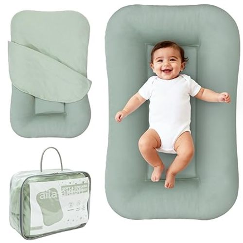Aila + Aiden Baby Lounger | Organic Cotton Infant Lounger | Adjustable & Portable Floor Lounger | Supervised Use | Soft, Breathable, Washable Cover - Snuggle Collection - (Sage)