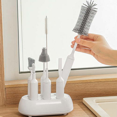 6 Piece Silicone Bottle Brush Cleaning Set with Storage Rack, Includes Nipple Brush and StCleaner Kit for Baby Bottles, Water Bottles, Tumblers, and Narrow-Neck Containers