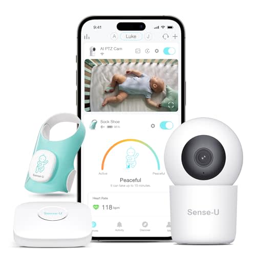 Sense-U Smart Baby Sock Monitor and 2.5K PTZ Camera, Tracks Heart Rate, Sleep Trends & Movement Anytime Anywhere, Video Monitor