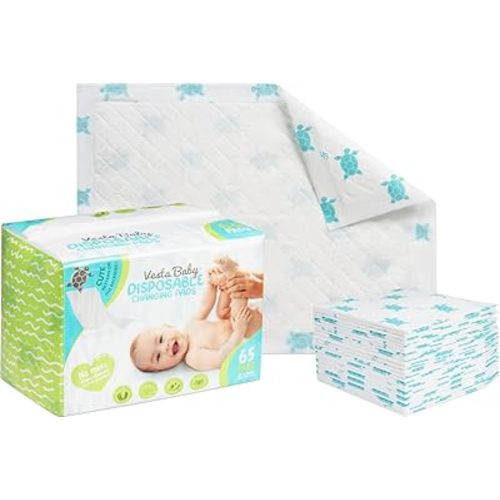 Vesta Baby 65 Disposable Changing Pads - Soft Absorbent Leak Proof Pee Mats - White Portable Diaper Change Underpads for Bed & Table Protection - 15" x 20" Waterproof Liners