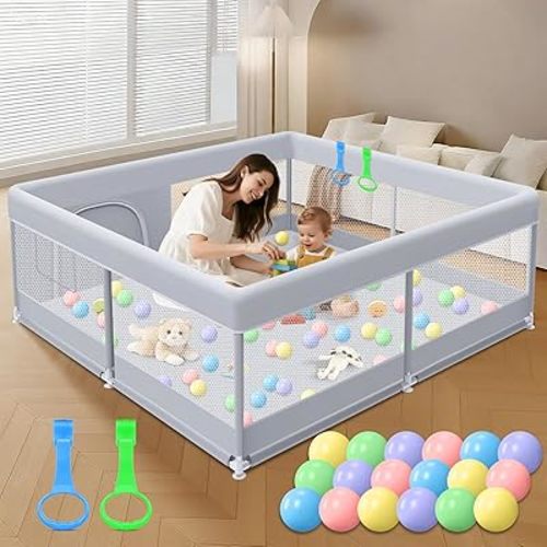 XVISHX Baby Playpen 50 x 50 Inch Play Pen Playards, Playpen for Babies and Toddlers, Baby Playard for Indoor & Outdoor Active Center Game Fence, with Skin-Friendly Fabric and Soft Breathable Mesh Grey