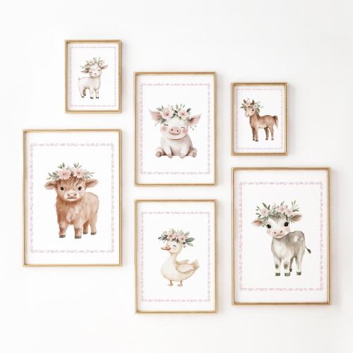 Set of 6 Farm Nursery Prints, Farm Animals, Pink Tractor Barn, Highland Cow Pig, Farmhouse Art Poster, Farm Wall Decor, Girl Farm Nursery,