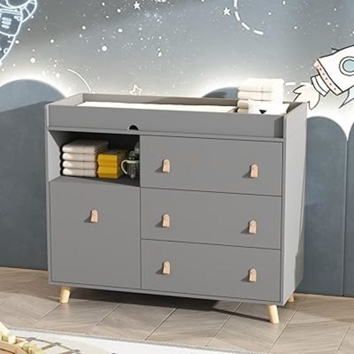 Baby Dresser with Changing Table Top, 4 Drawers Nursery Dresser with Removable Guard, Infant Diaper Changing Station Baby Cloth Organizer for Nursery and Kids Bedroom, Grey - 44.9" W