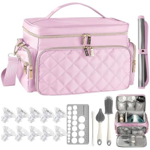 Breast Pump Bag Kit for Spectra S1/S2, Pumping Bag with 10Pcs Flange Inserts for 24mm Flange, Nipple Ruler, Bottle Brush Set, Waterproof Mat, Pump Carrying Case for Work Travel, Light Pink