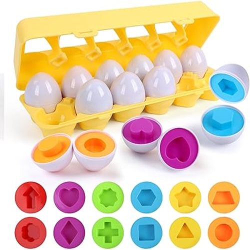 USATDD Matching Eggs for Toddlers Montessori Color & Shape Recognition Toy, Fine Motor Skills Shape Sorter Puzzle, Educational Montessori for Kids,12pcs Eggs Toy