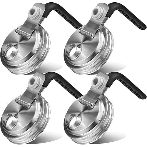 Mason Jar Pour Spout Lid Stainless Steel with Handle, Wide Mouth Pour Spout Flip Cap Lids for Mason Jars, Anticracking Leak Proof Seal Cover Airtight for Drinking Salad Dressing & Food Storing(4PCS)