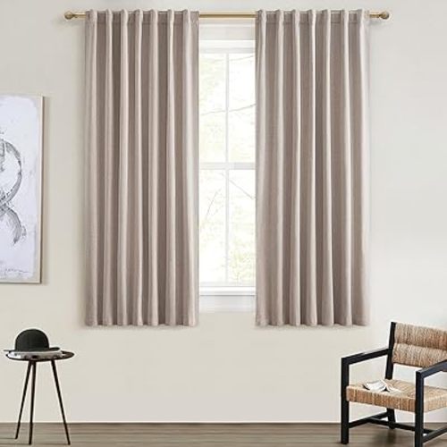 Small Blackout Kitchen Curtains 48 Inch Length, Rustic Farmhouse Pleat Burlap Basement Curtains for Small Window Room Darkening Privacy Drapes Back Tab (2 Panels 50" W x 48" L, Linen)