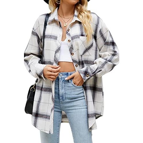 CHYRII Womens Button Down Flannel Shirts Long Sleeve Plaid Shackets Business Casual Blouse Top