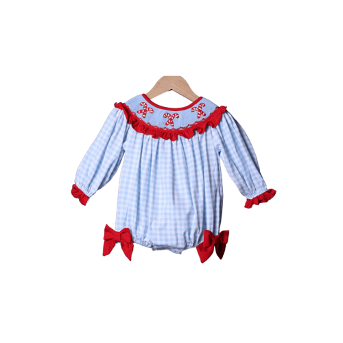 Smocked Blue Gingham Candy Cane Bishop Bubble