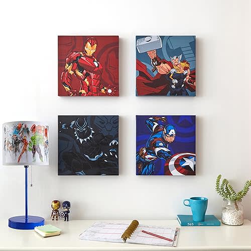Marvel Avengers Canvas Wall Art – 4-Pack Kids Room Décor, Each Piece 11"x11", Colorful Superhero Wall Hanging for Bedroom, Playroom, or Nursery