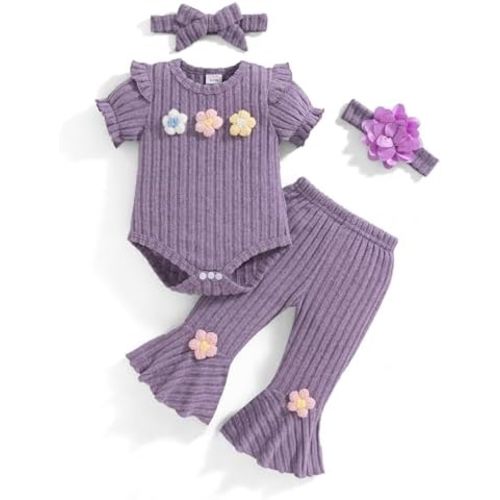 Vibebox Baby Girl Clothes Newborn Preemie Summer Outfits Short Sleeve Ruffle Romper Tops Bell Bottoms Pant Sets with Headband