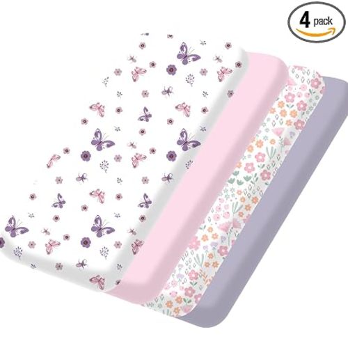 Bimocosy Pack and Play Sheets 4 Pack, 38" x 26" Mini Crib Sheets for Girls