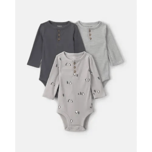 Baby Boy 3-Pack Penguin Long-Sleeve Multipack Bodysuits - Grey | Carter's