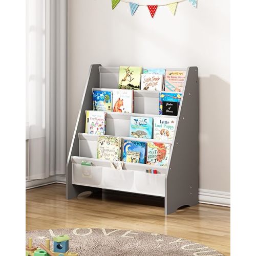 SEIRIONE Sturdy Kids Bookshelf, 4-Tier Book Shelf for Kids Room with Oxford Fabric-Nursery Room Playroom Classroom, Deep Slings to Keep Books Upright, Ideal Height for Toddler Age 3+, Grey