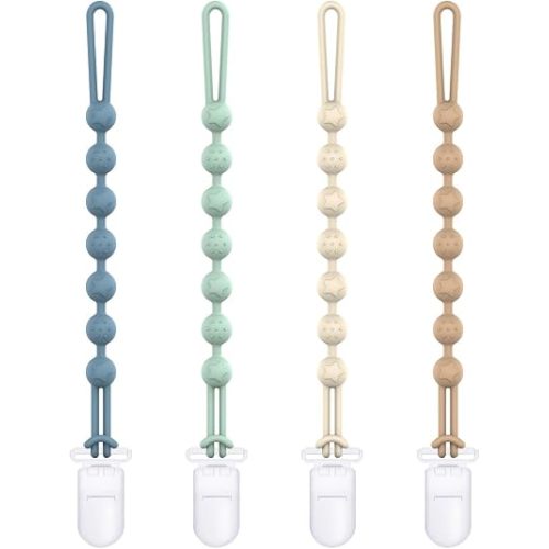 Cuddle Campus Silicone Pacifier Clip Holder with One Piece Design,Soft Flexible Binky Clips with Texture for Baby Boy and Girl Pack of 4 (6m+Plastic Clip)