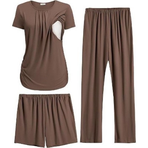 Ekouaer Maternity Nursing Pajamas Set 3 Piece Postpartum Lounge Breastfeeding Pjs Pregnancy Shorts & Pants Brown M