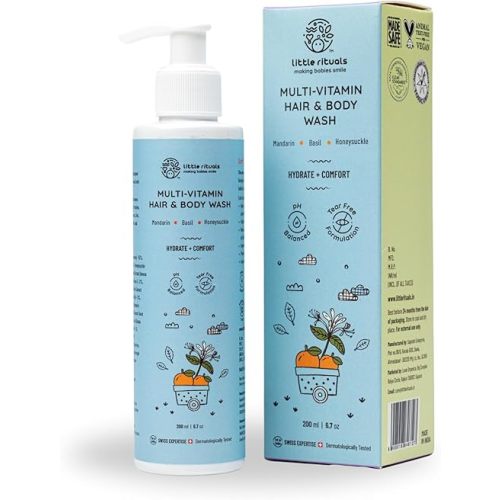 Baby Multi-Vitamin Body & Hair Wash - Tear Free + pH 5.5. Formulated with Best Plant Botanical - Honeysuckle, Basil, Mandarin. Natural, Organic, Dermat Tested(200ml)